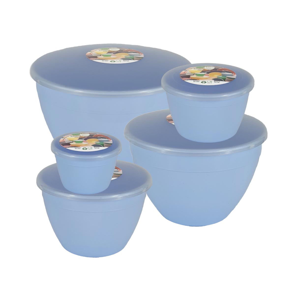 Set of sky blue plastic steamed pudding basins with lids on a white background
