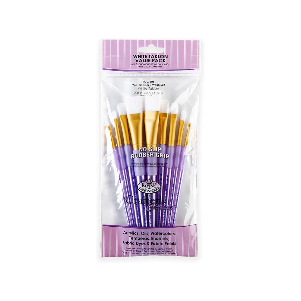 Pack of 9 shader / wash artist brushes with purple handles and gold ferrules in a clear plastic packaging on a white background.