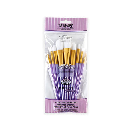 9 Pack of white taklon filbert / oval paint brushes with purple handles and gold ferrules, in clear packaging on a white background.