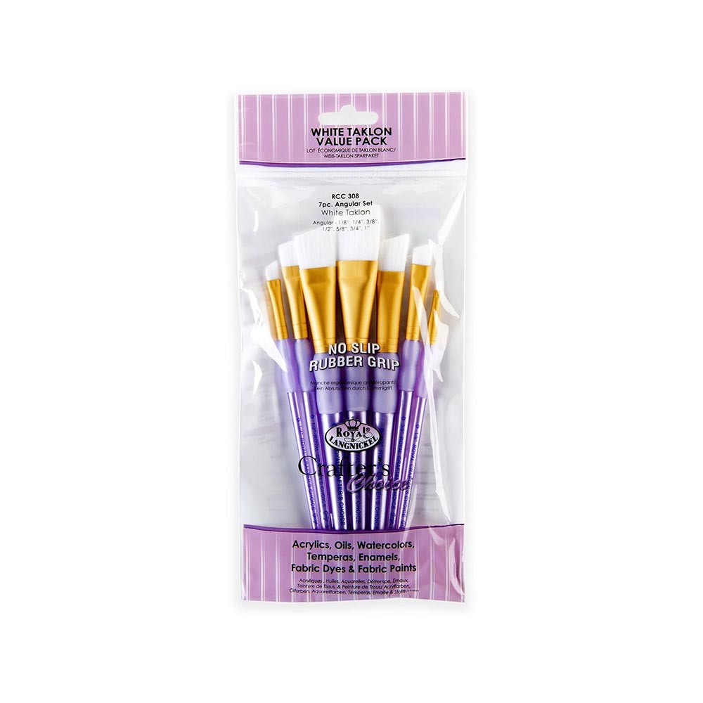 7 Pack of white taklon angular artist paint brushes with purple handles and gold ferrules, in a clear plastic packaging on a white background.