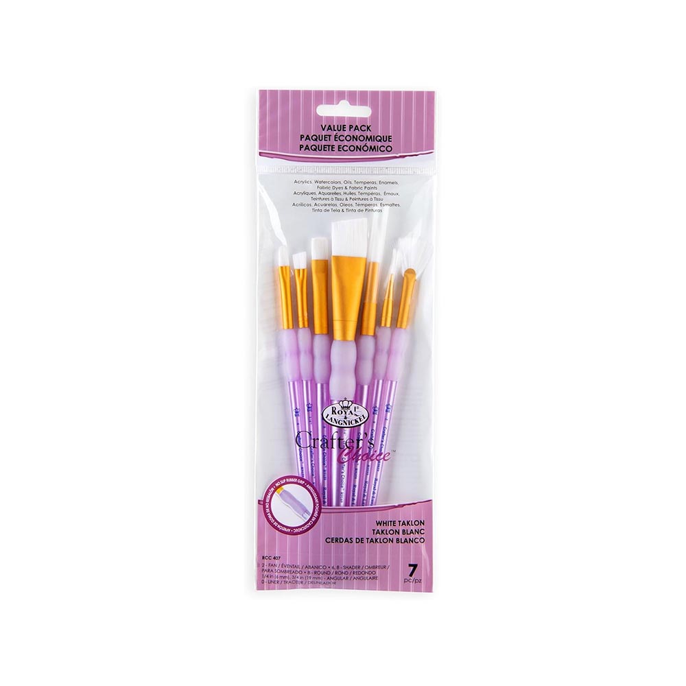 7 value Pack of artist paint brushes fan, round and angular with a purple and white packaging on a white background