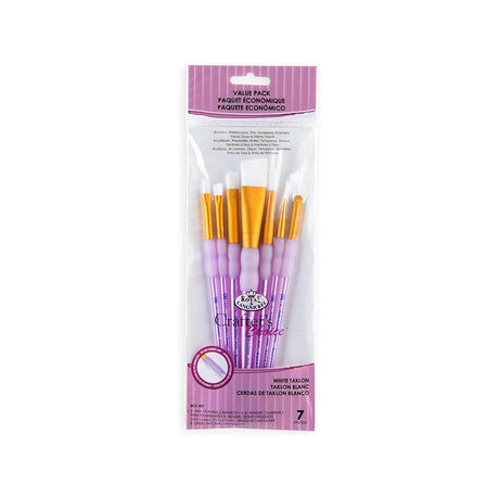 7 value Pack of artist paint brushes fan, round and angular with a purple and white packaging on a white background
