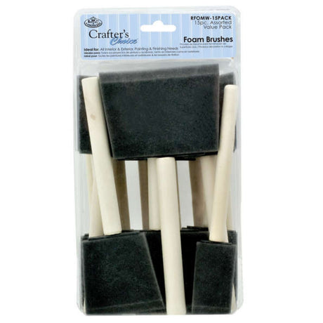 A pack of 15 foam brushes with wooden handles, displayed in clear packaging, suitable for arts, crafts, and DIY activities.