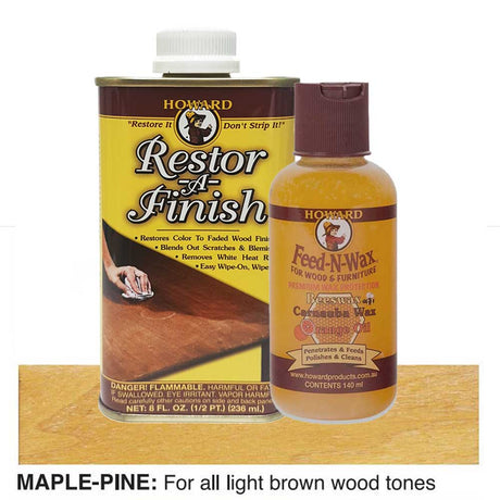 bottles of Howard Restor-A-Finish and Feed-N-Wax on a maple wooden surface.