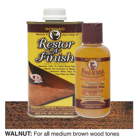 bottles of Howard Restor-A-Finish and Feed-N-Wax on a walnut wooden surface.