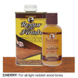 Howard Restor-A-Finish and Feed-N-Wax products on a wooden surface with cherry wood finish.