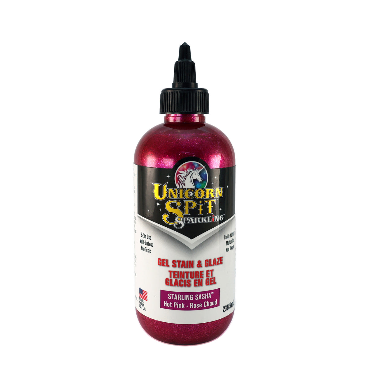 A bottle of Sparkling Unicorn SPiT Gel Stain Paint in Hot Pink.