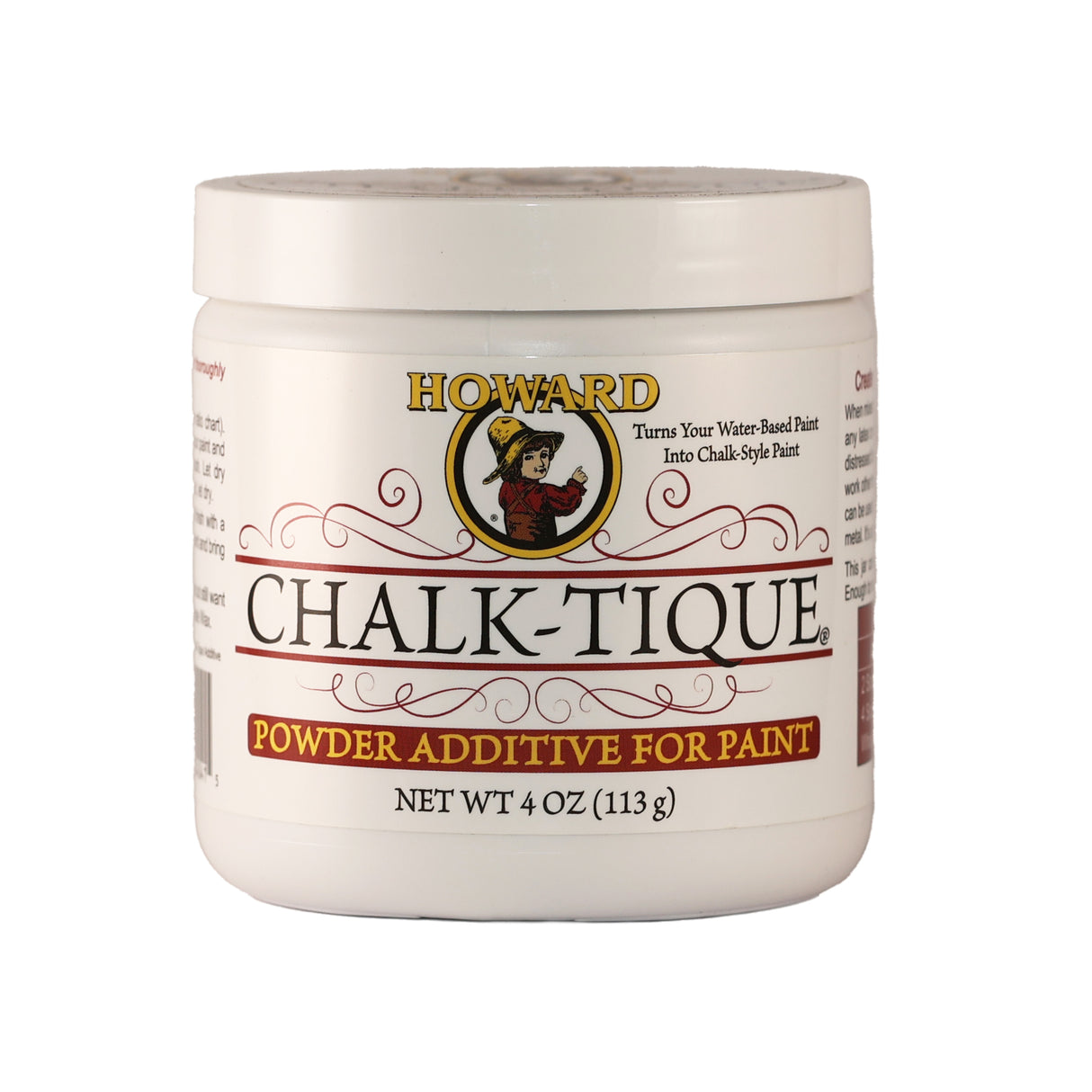 A container of Howard Chalk-Tique Powder Additive for paint, with a label showing the brand logo and product information.