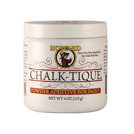 A container of Howard Chalk-Tique Powder Additive for paint, with a label showing the brand logo and product information.