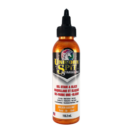 A bottle of Unicorn SPiT Sparkling Gel Stain in purple color with a label showing the brand and product name.