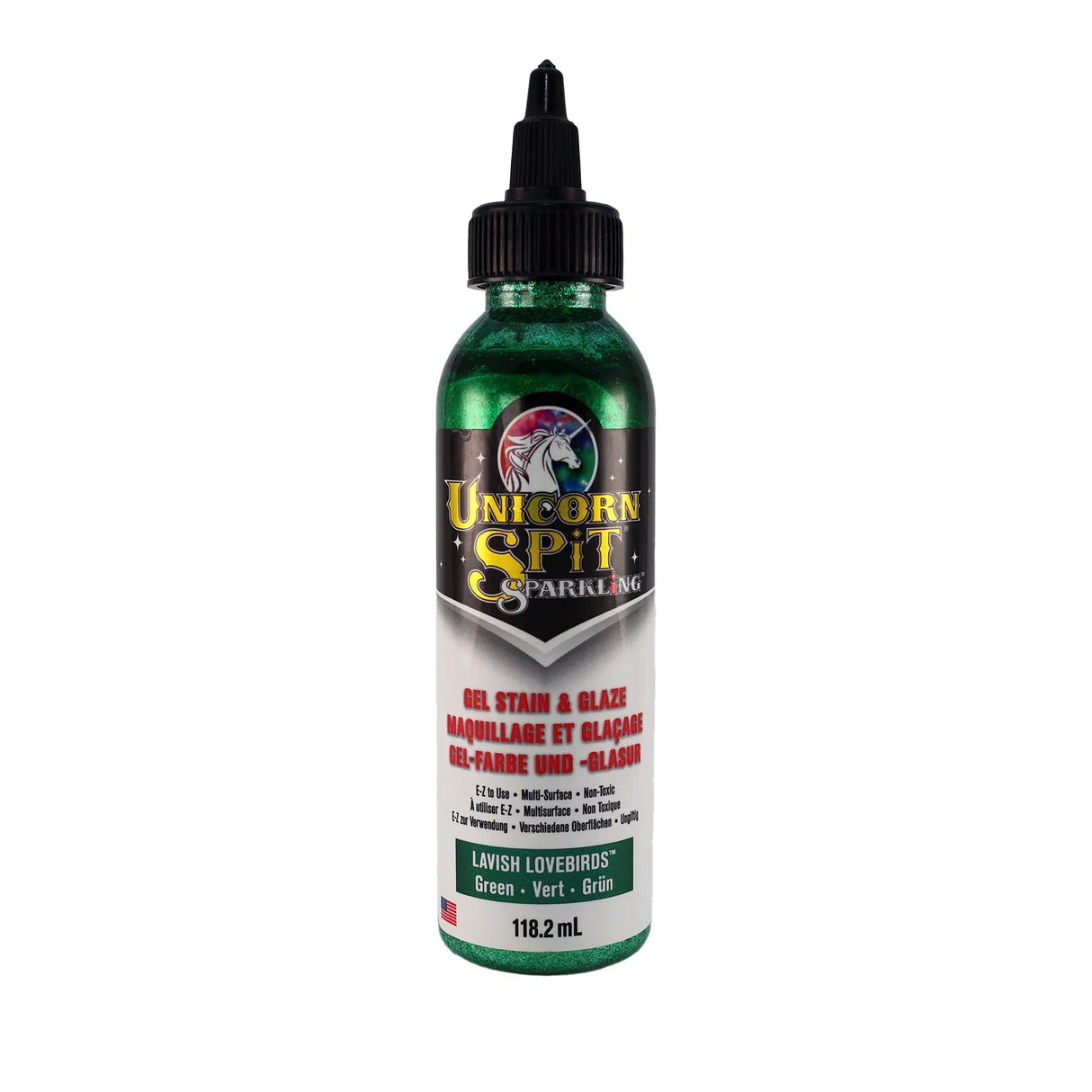 A bottle of Unicorn SPiT Sparkling Gel Stain in purple color with a label showing the brand and product name.