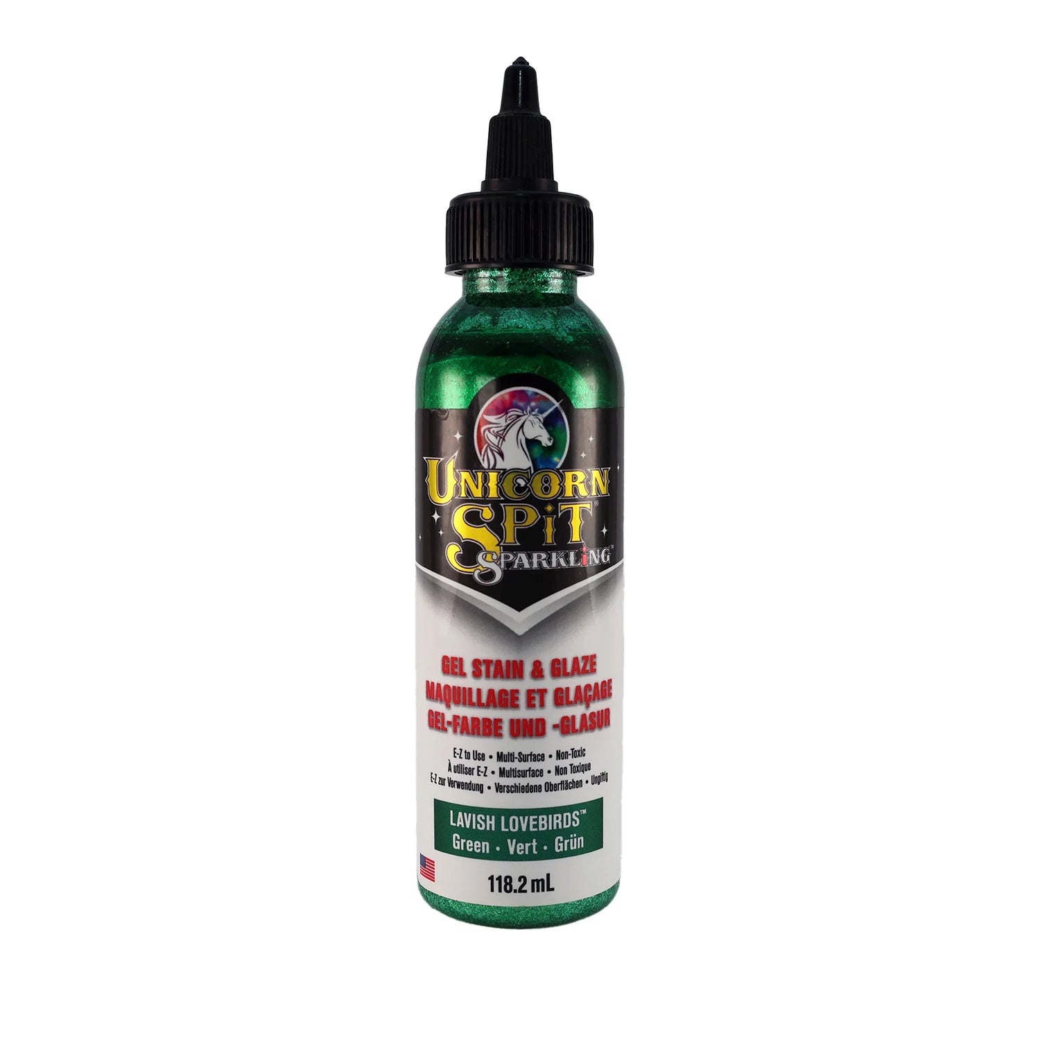 A bottle of Unicorn SPiT Sparkling Gel Stain in purple color with a label showing the brand and product name.