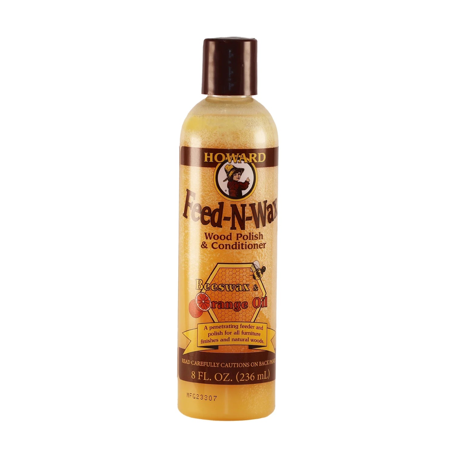 A bottle of Howard Feed-N-Wax Wood Polish & Conditioner 236 ml