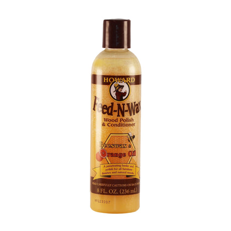 A bottle of Howard Feed-N-Wax Wood Polish & Conditioner 236 ml