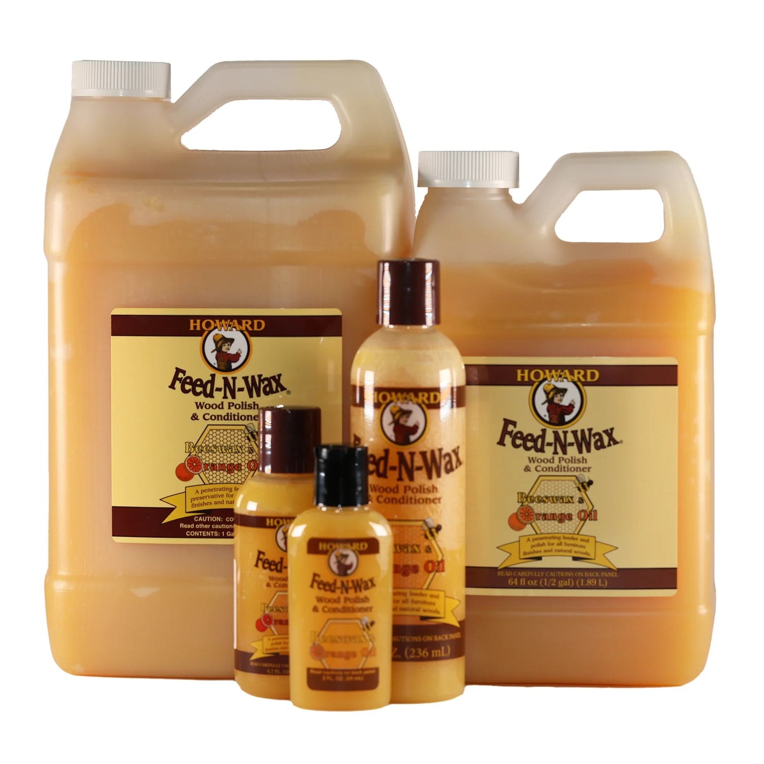 A set of Howard Feed-N-Wax Wood Polish & Conditioner in various bottle sizes.