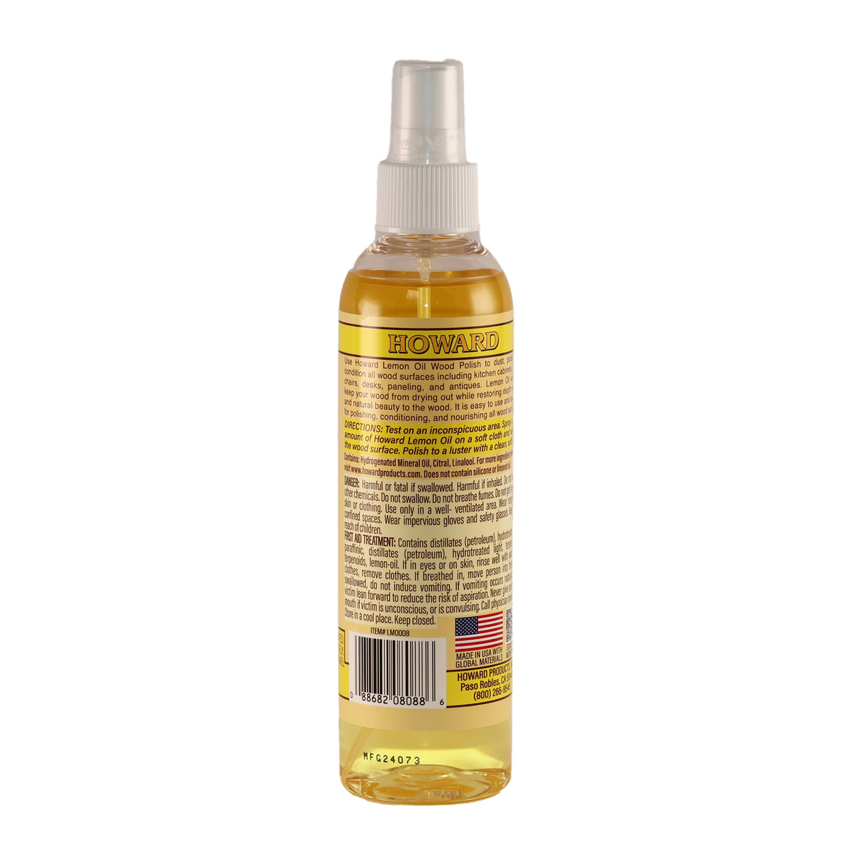 Spray bottle of Howard Products Lemon Oil wood polish 236 ml image taken from the back of the bottle