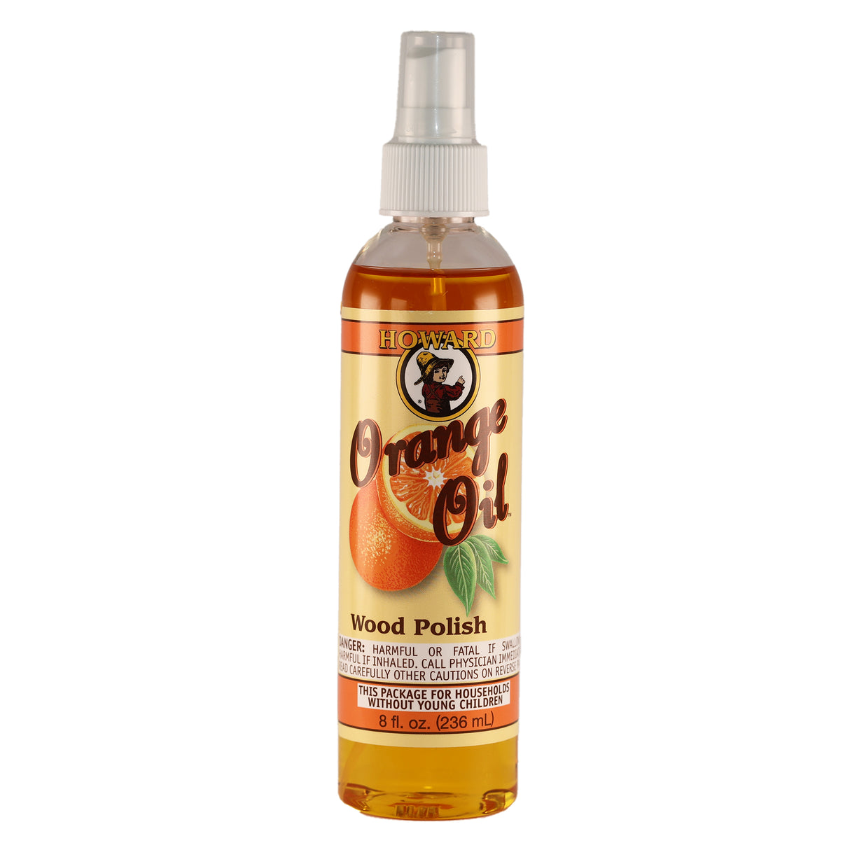 A Spray bottle of Howard Products Orange Oil Wood Cleaner & Polish.