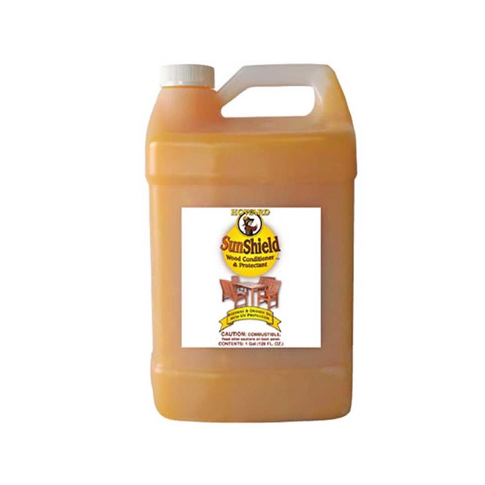 A Gallon bottle of Howard SunShield wood conditioner and protectant on a white background