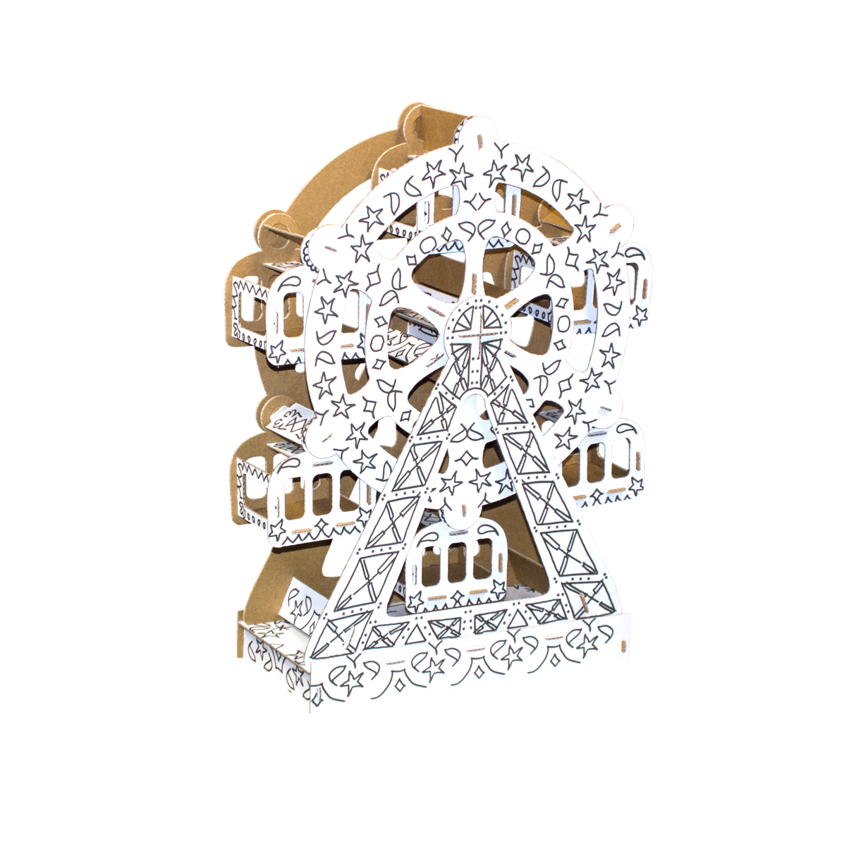 Decorative cardboard cutout of a Ferris wheel with intricate detailing on a white background