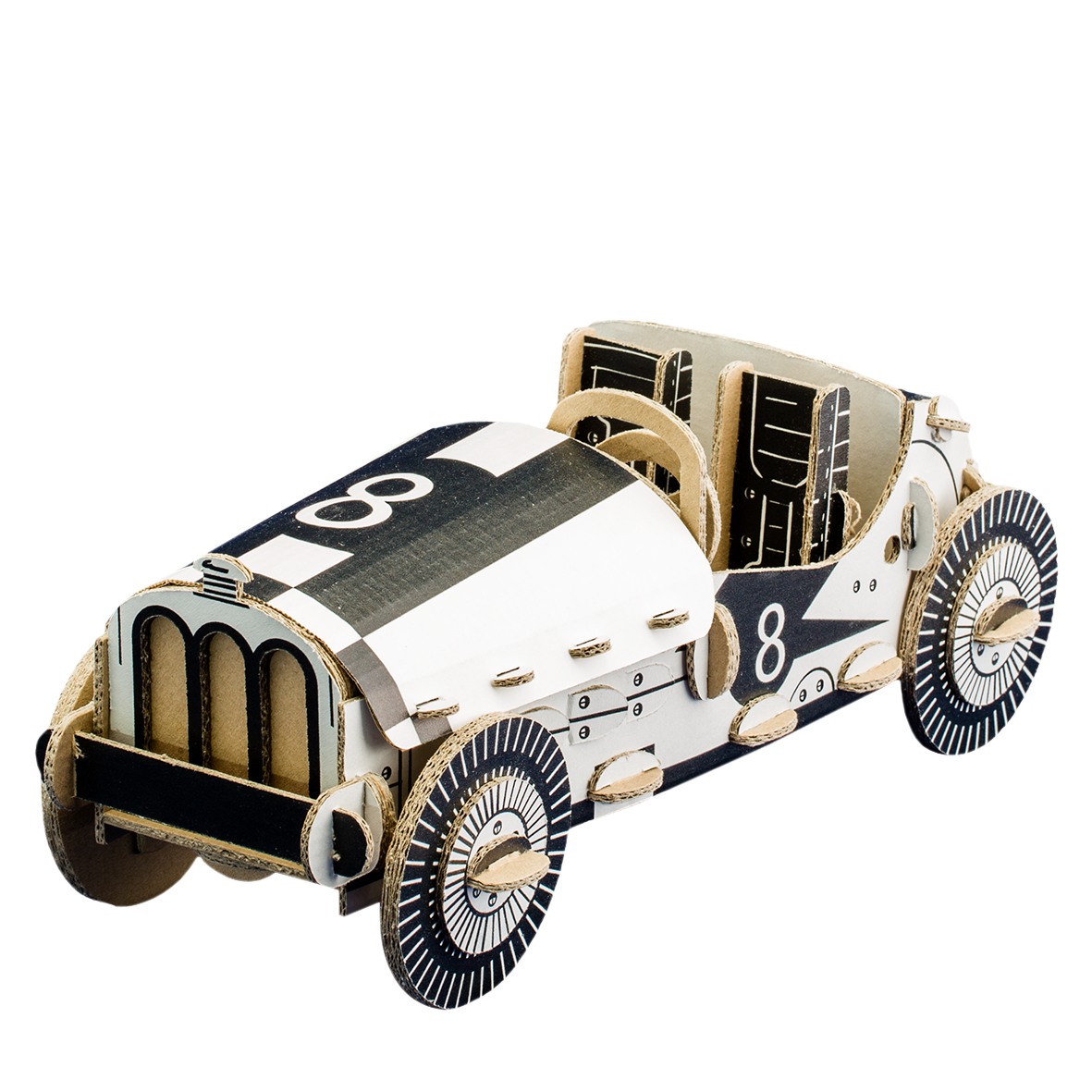 Model of a vintage race car with checkered pattern on a white background