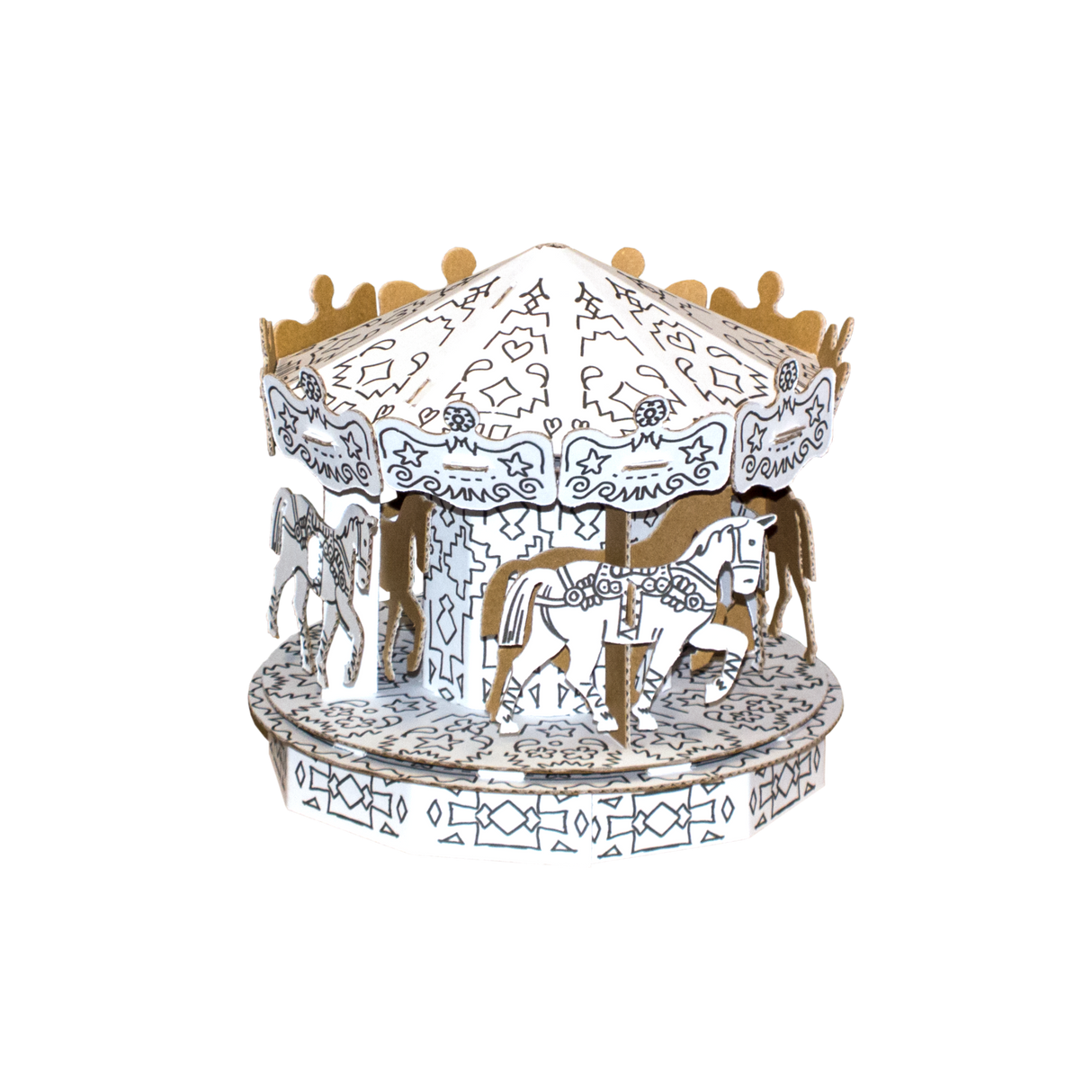 Decorative cardboard carousel with horses on a white background