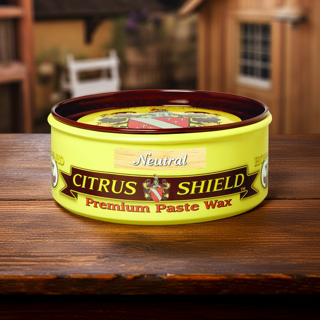 A tin of Citrus Shield premium paste wax for wooden furniture sitting on a wooden table