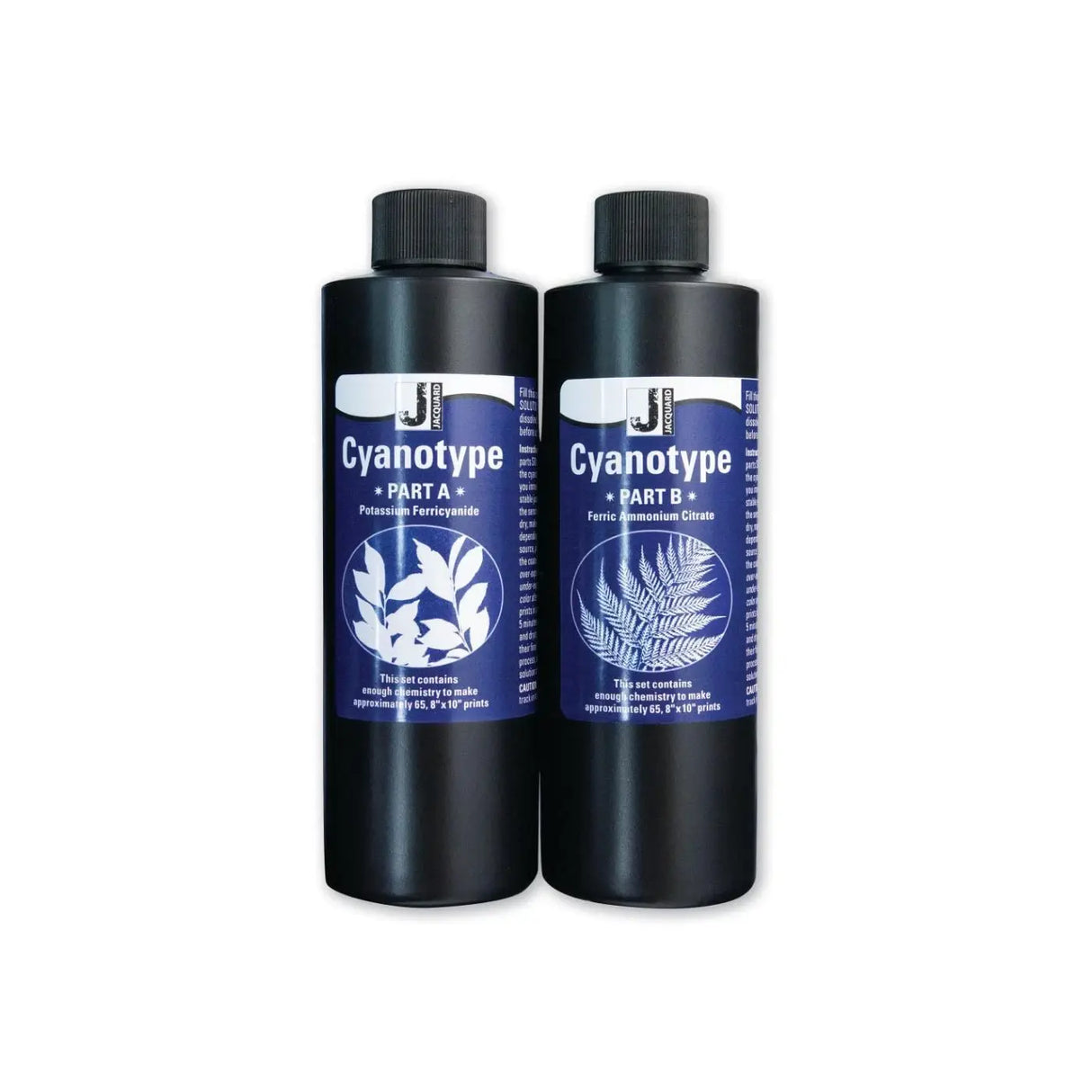 Two bottles of Cyanotype solution labeled 'Part A' and 'Part B' on a white background.