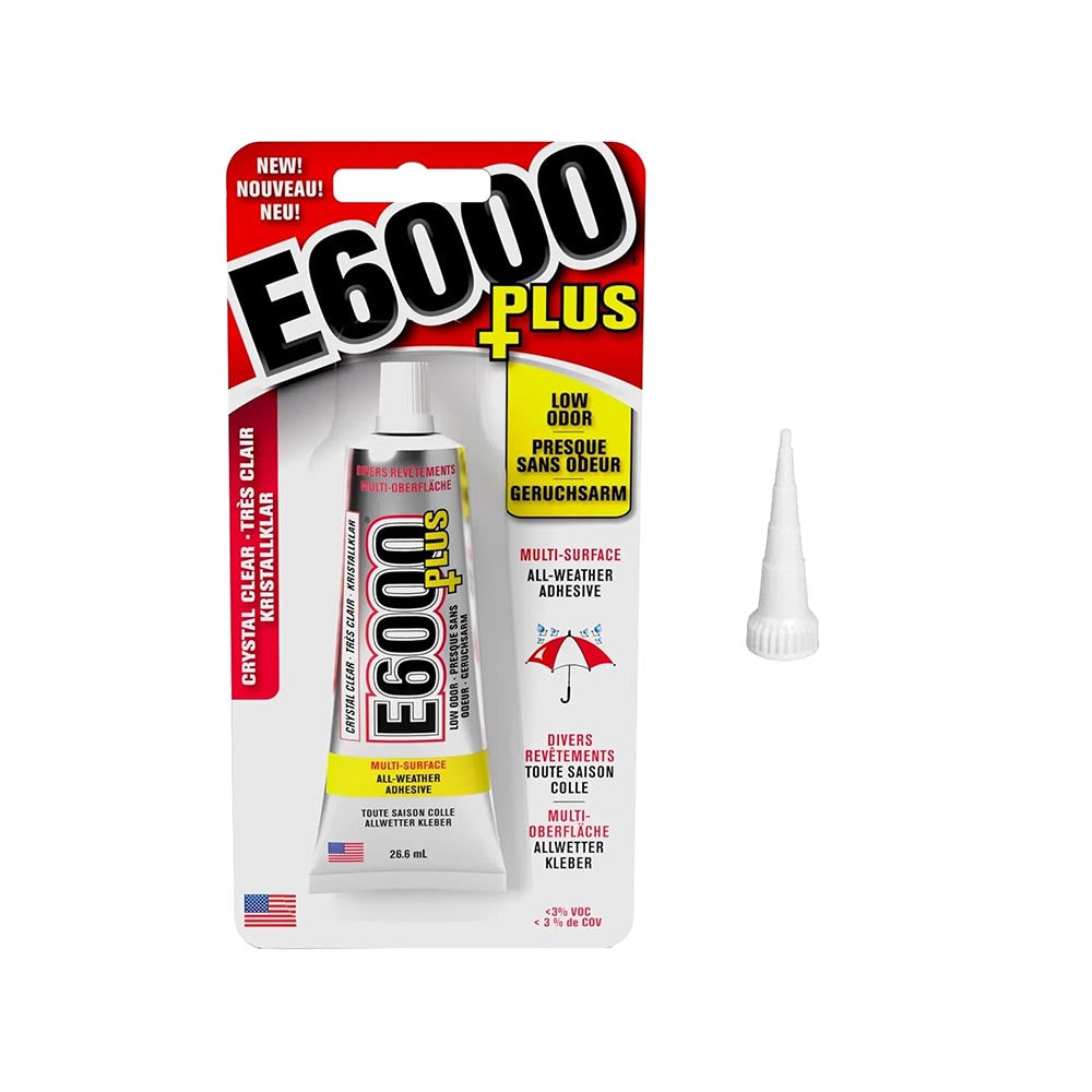 26.6ml E6000 Plus adhesive in packaging with tip on a white background