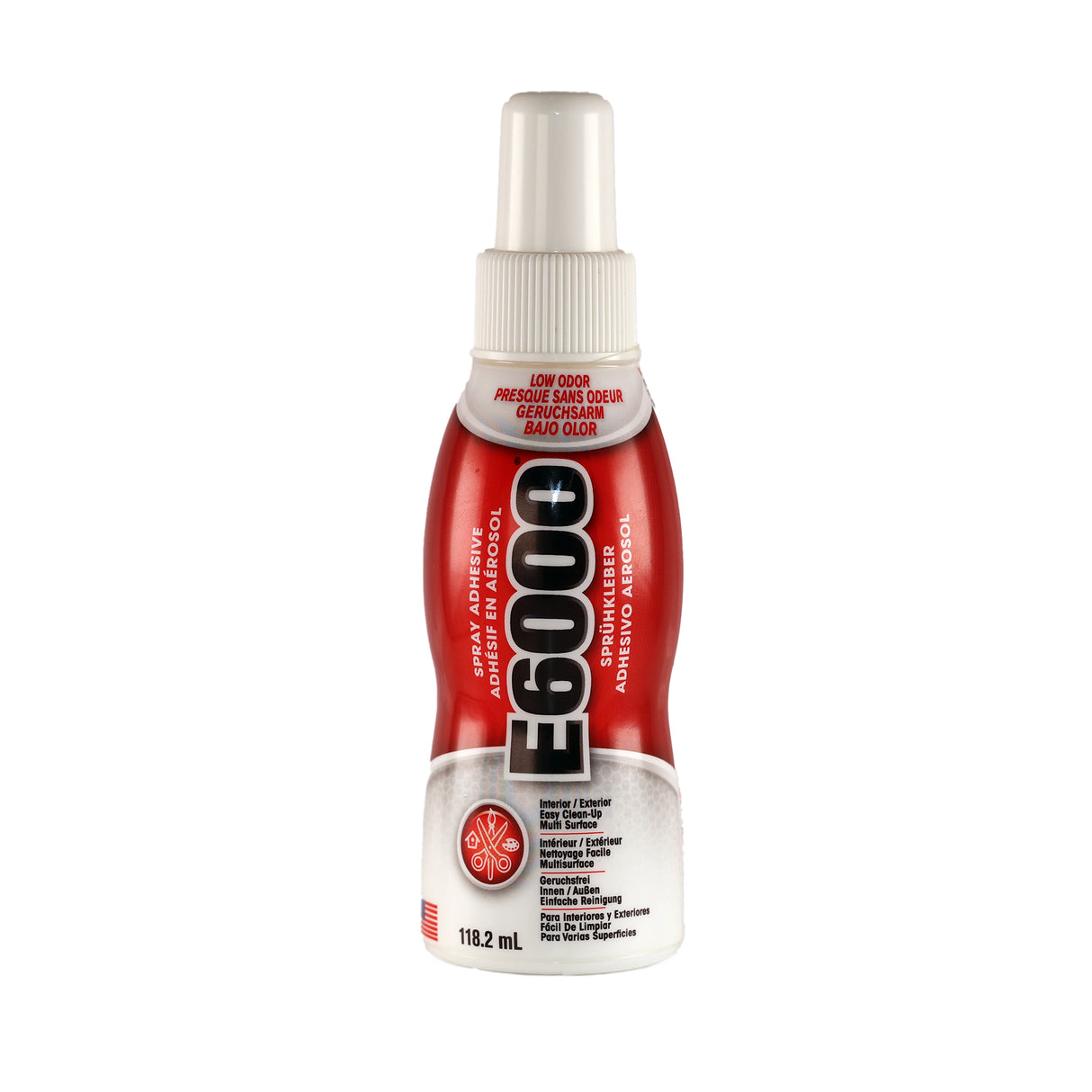 A bottle of E6000 spray glue adhesive with a red label, white cap, and clear liquid visible inside.