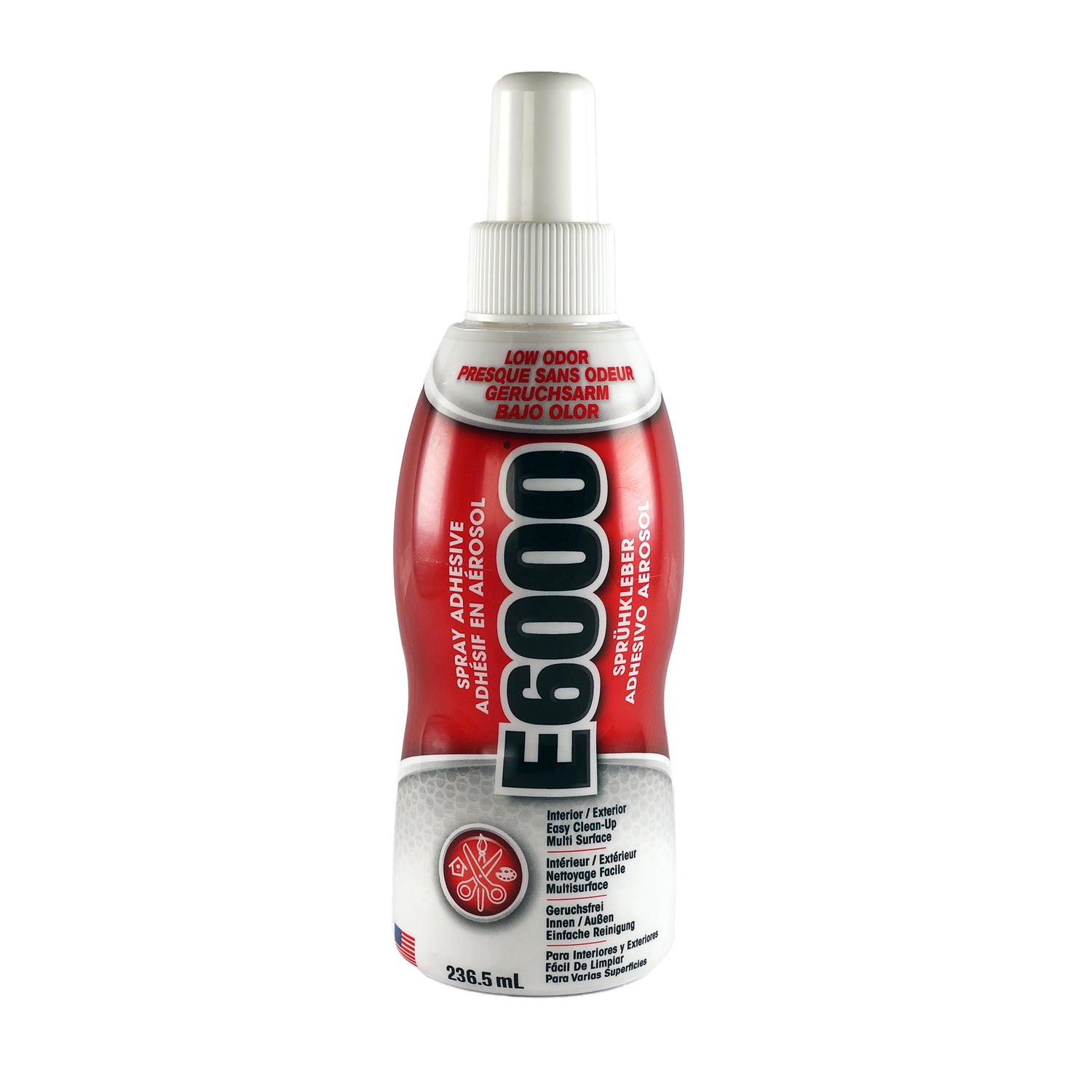 A bottle of E6000 pump spray glue adhesive with a red label, white cap, and clear liquid visible inside.