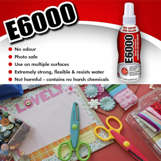 E6000 adhesive pump bottle with product features and a crafting scene below.