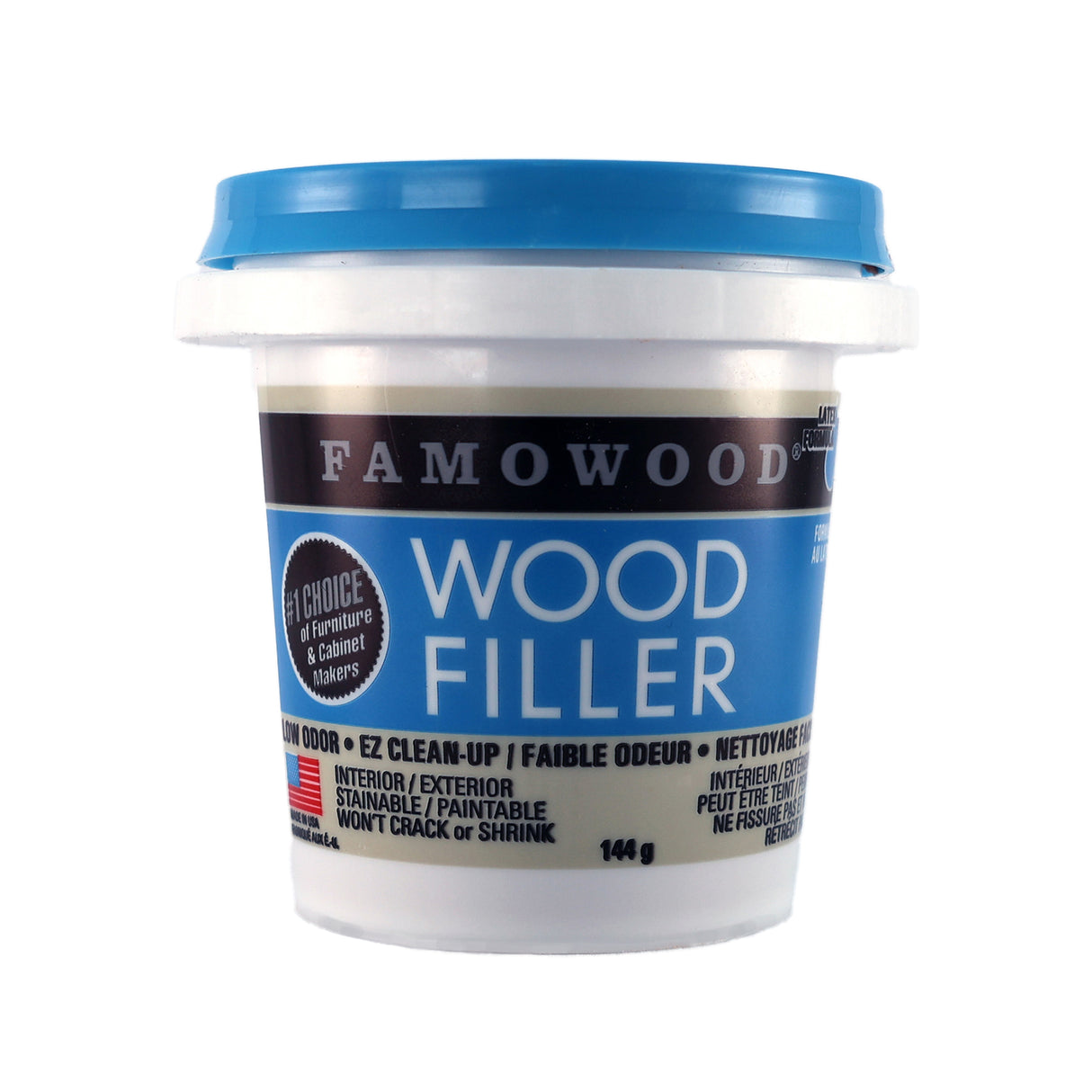 A container of Famowood Latex Wood Filler with blue lid and label, indicating it is used for interior/exterior wood repairs 144 grams