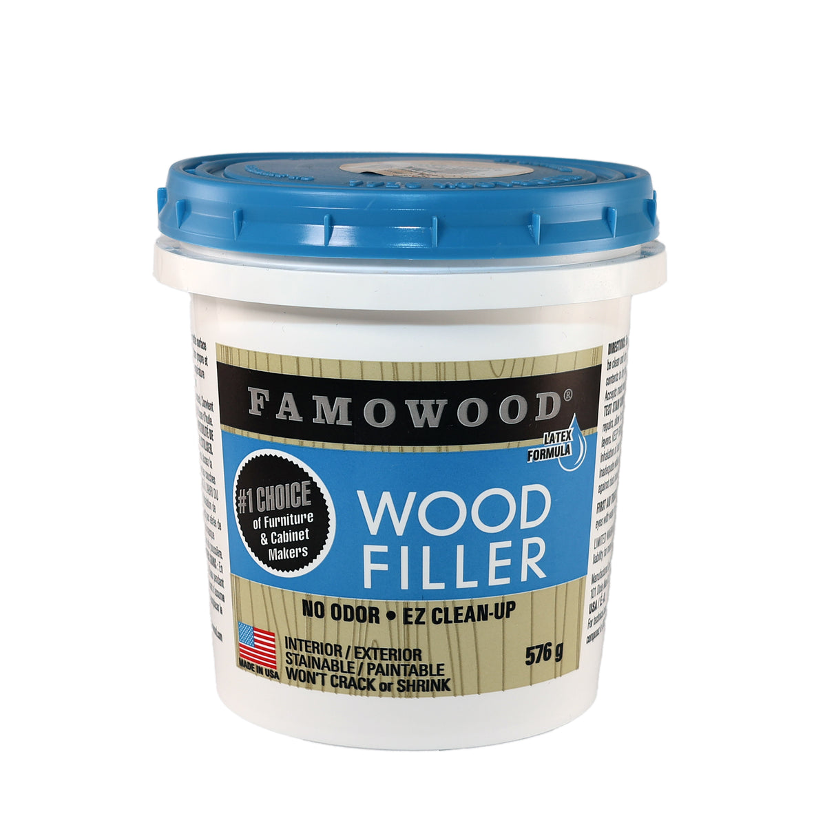 A container of Famowood Latex Wood Filler with blue lid and label, indicating it is used for interior/exterior wood repairs 576 grams