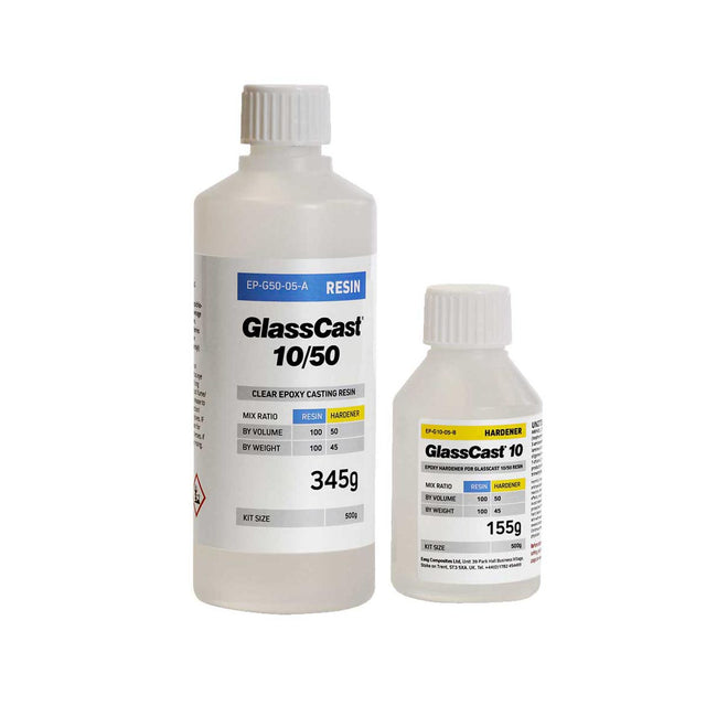 GlassCast 10 resin and hardener on a white background