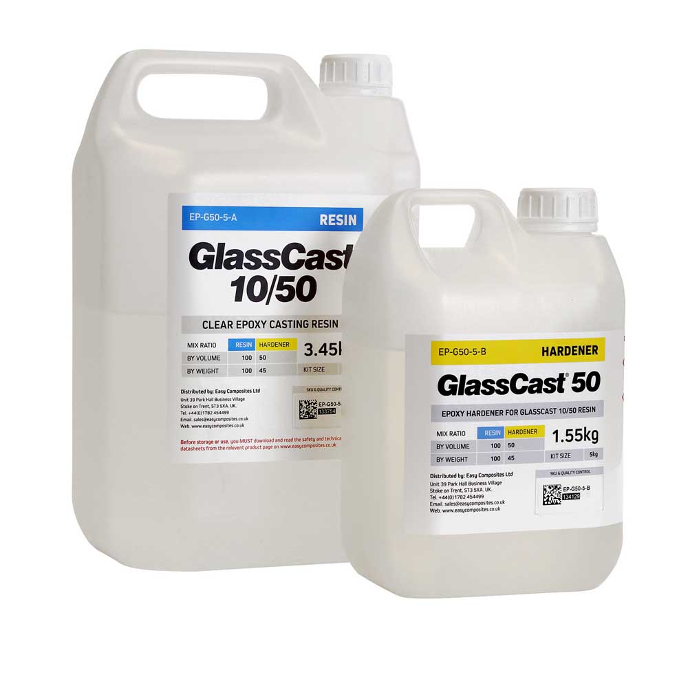 Two bottles of GlassCast 10/50 epoxy resin and hardener on a white background