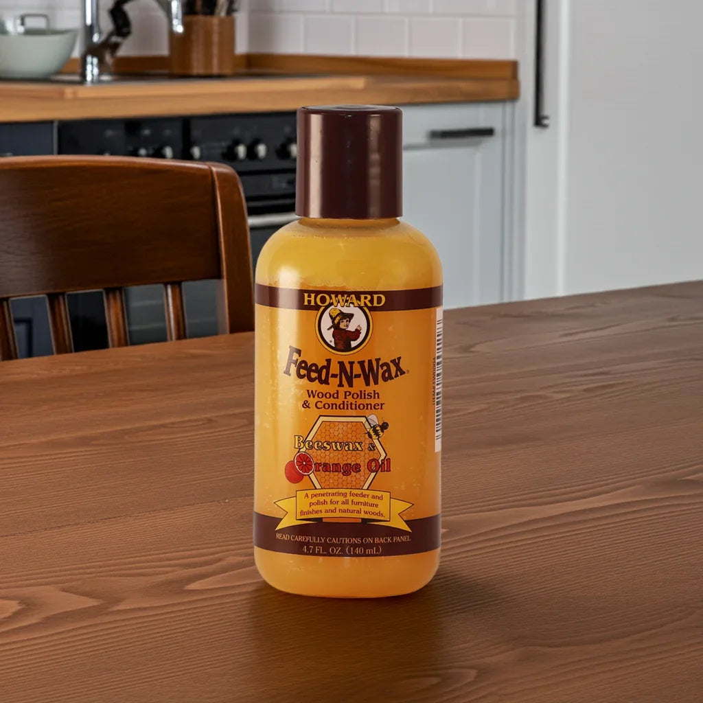 a bottle of feed and wax on a wooden table