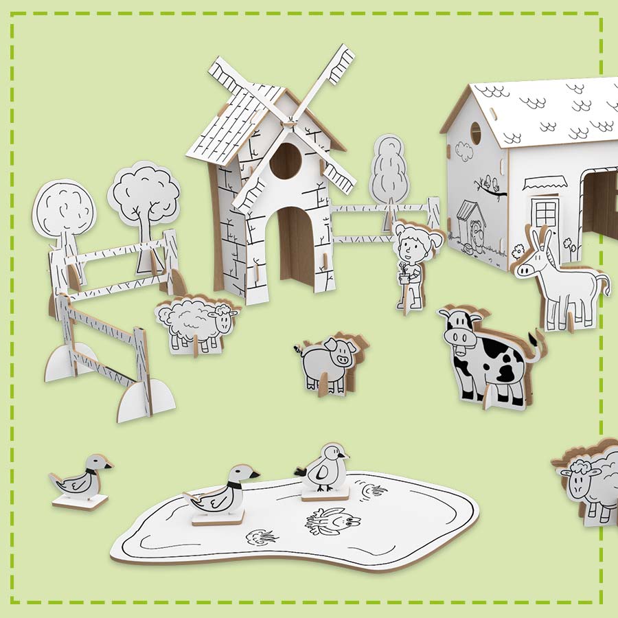 Set of farm-themed wooden cutouts including a windmill, barn, animals, and birds on a green background.