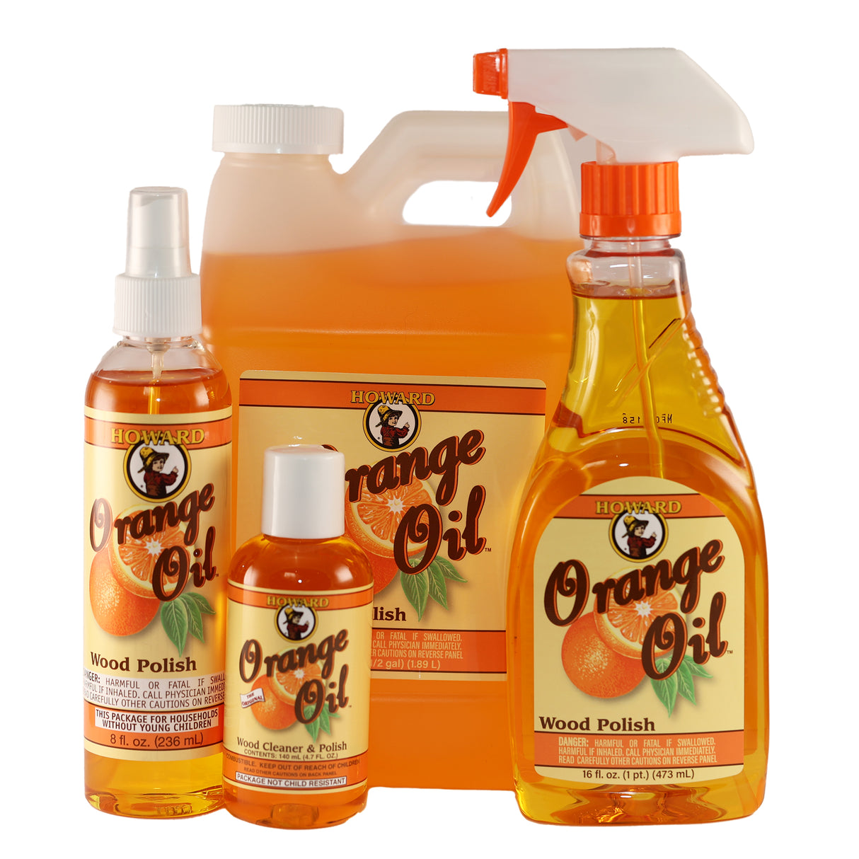A group shot of Howard Products Orange Oil Wood Cleaner & Polish bottles.