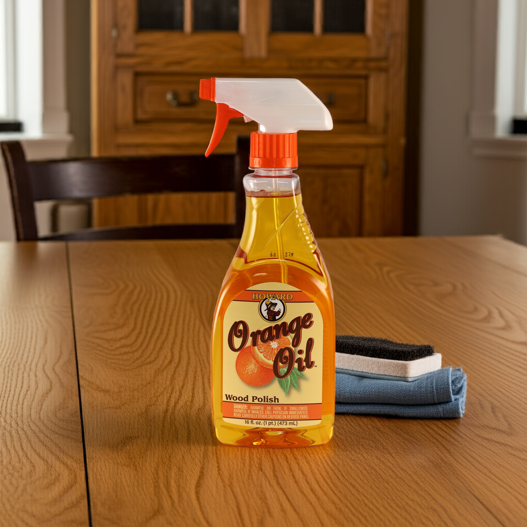 A bottle of Howard orange oil wooden polish sat on a table top with a polishing cloth