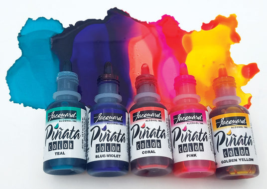Five bottles of Jacquard Pirata Color ink with colorful splashes on a white background