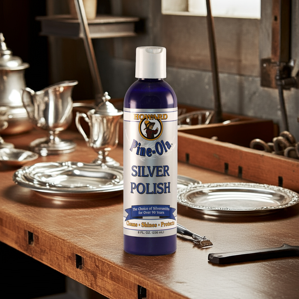 A workbench with silver items waiting to be polished with a bottle of pine-ola silver polish