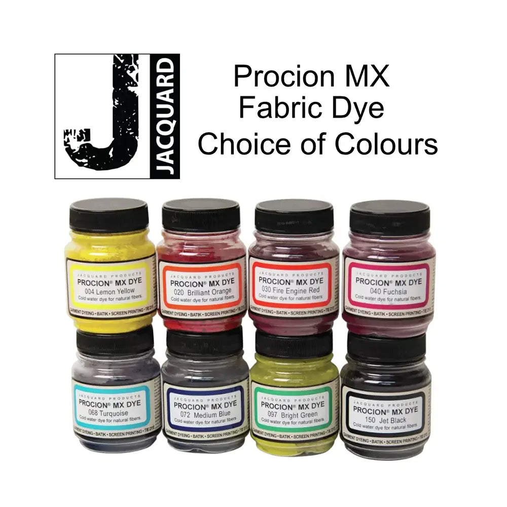 Jacquard Procion MX Fabric Dye bottles with labels on a white background