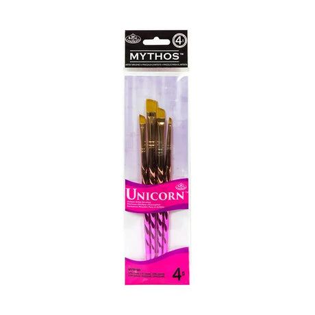4 Pack of Mythos Unicorn paint brushes with packaging on a white background