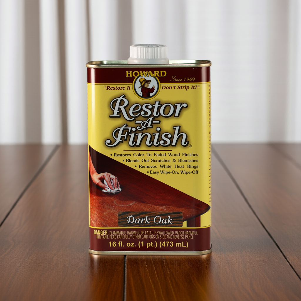 A can of restor a finish sat on a wooden surface that has been restored