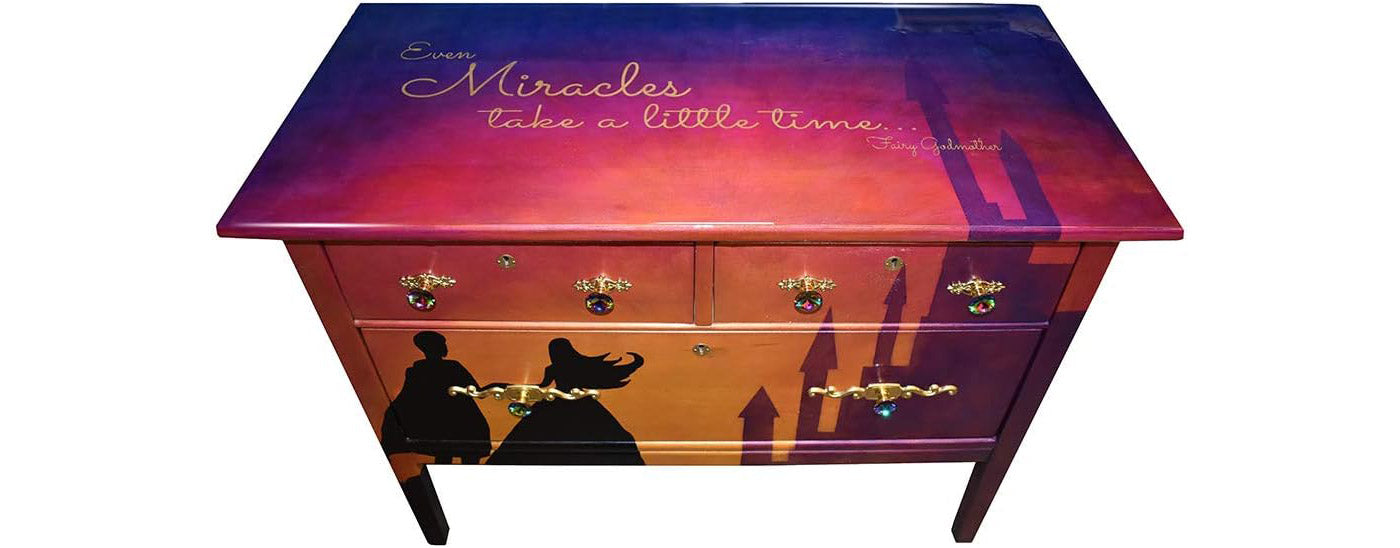 Furniture with artistic design and text on a white background