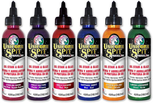 Set of Unicorn Spit Sparkling gel stain and glaze bottles in various colors.