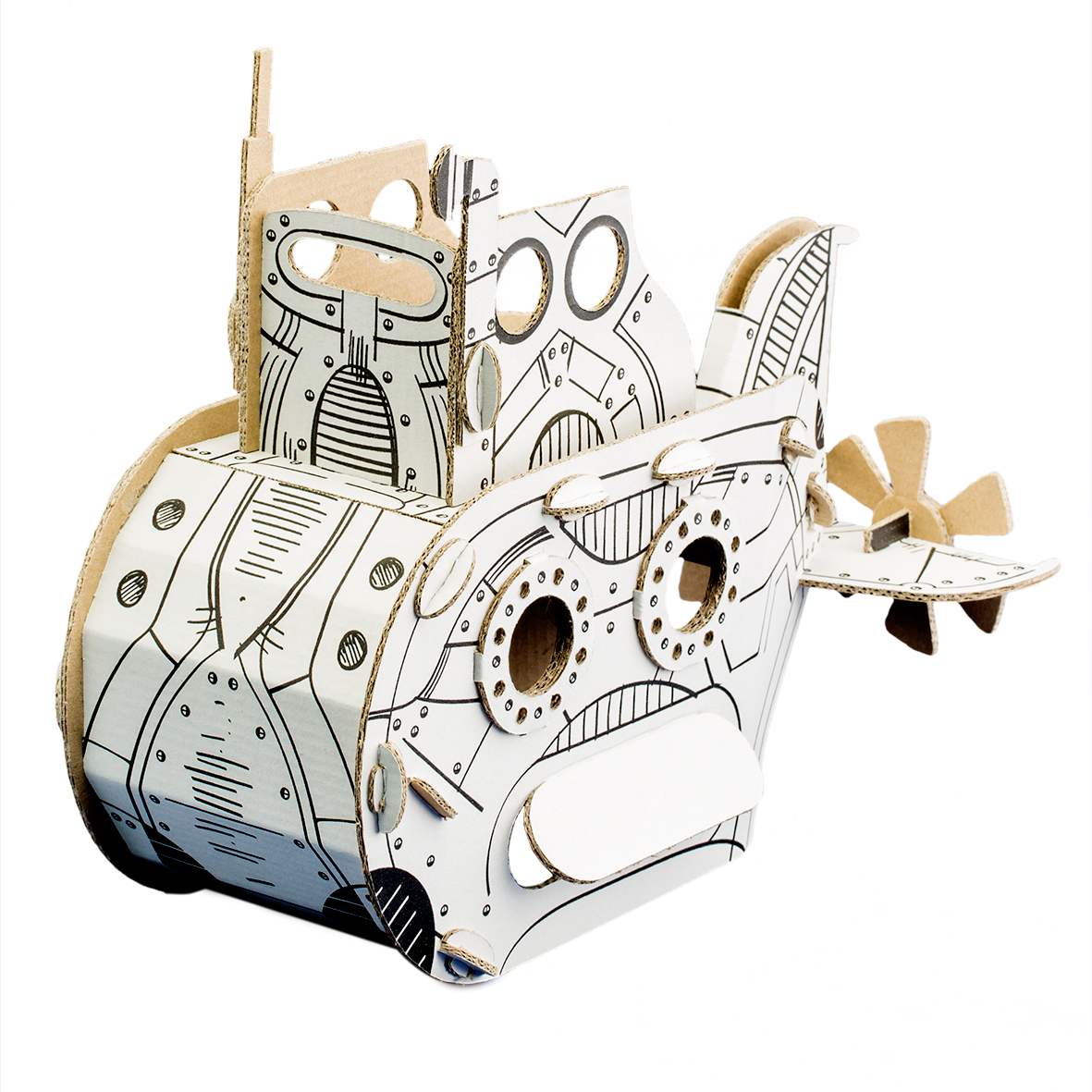 Cardboard model of u boat with intricate details on a white background