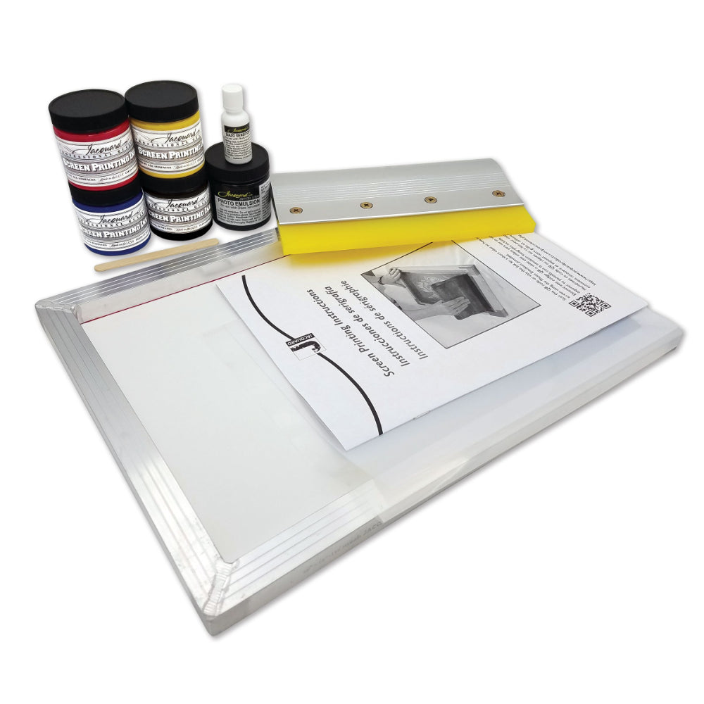 Screen printing kit with paint jars, bottles, frame and squeegee and instruction on a white background