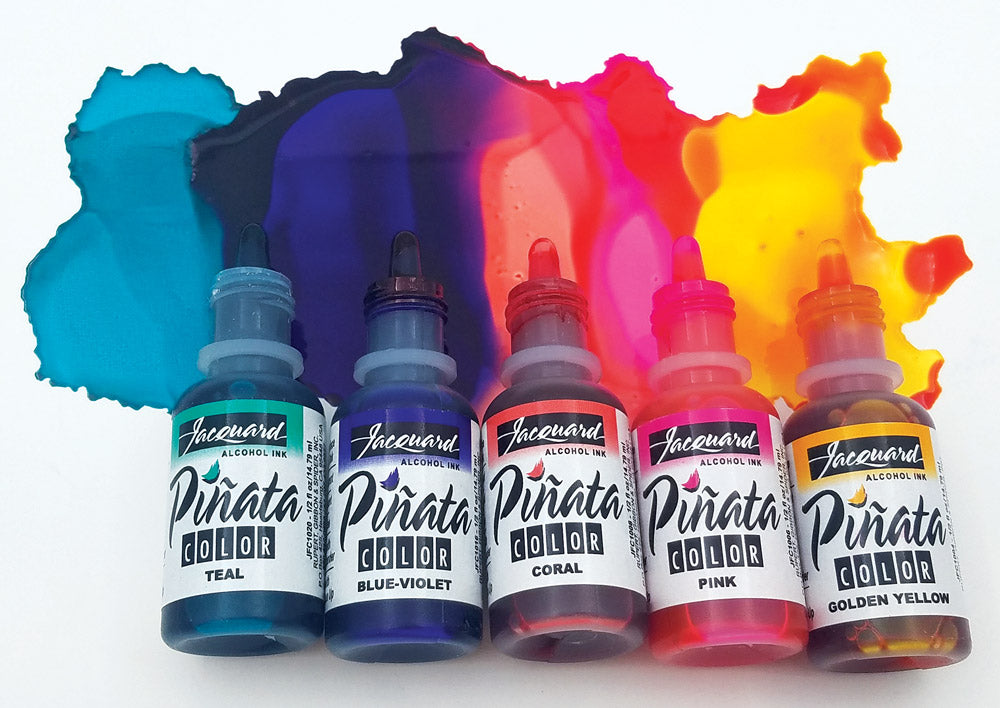 Five bottles of Jacquard Pirata Color ink with colorful splashes on a white background