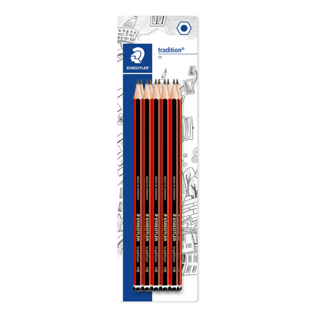 Six Staedtler Tradition 2000 graphite pencils in red and black packaging, displayed vertically against a white background.